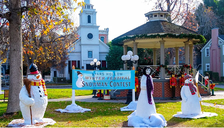 Center of Stars Hollow Showing many snowmen decorated