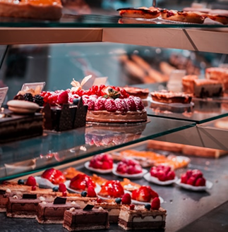 Sweet baked goods on shelves